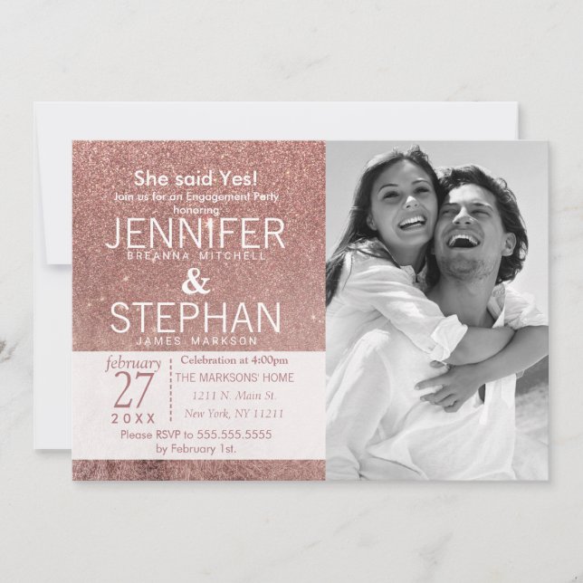 Invitación Girly Modern Rosa Purpurina de oro Compromiso de R (Anverso)