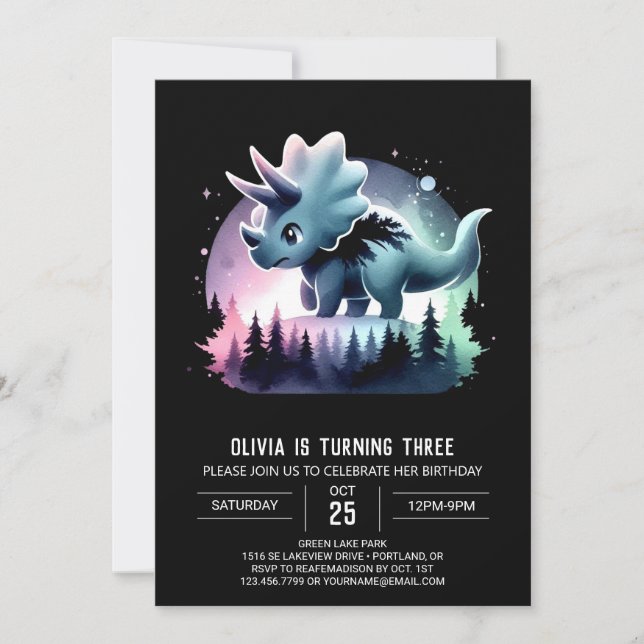 Invitación Girly Modern Triceratops Cumpleaños (Anverso)