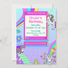 Invitación Girly Neon Gamer Birthday Party con animales