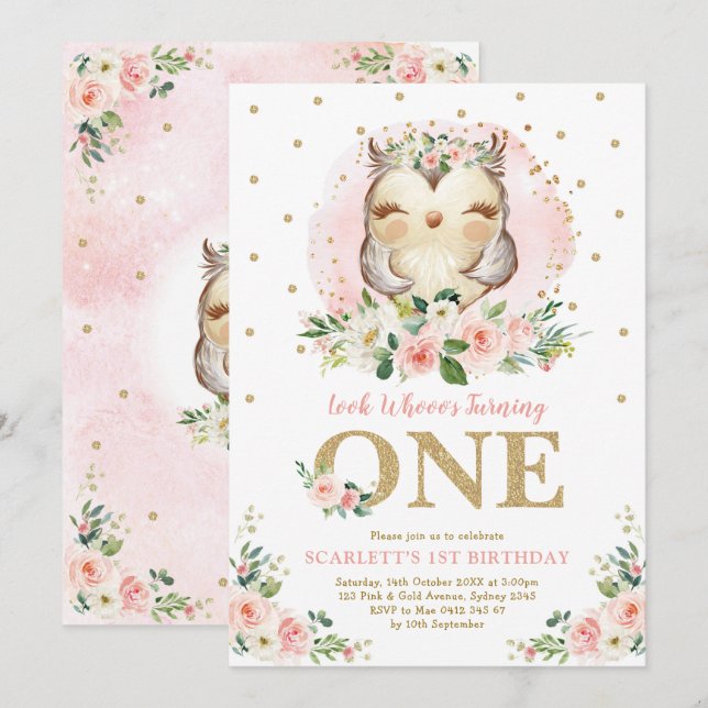 Invitación Girly Owl Rubor Pink Floral Primer Fiesta de cumpl (Anverso / Reverso)