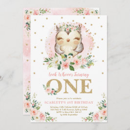 Invitación Girly Owl Rubor Pink Floral Primer Fiesta de cumpl