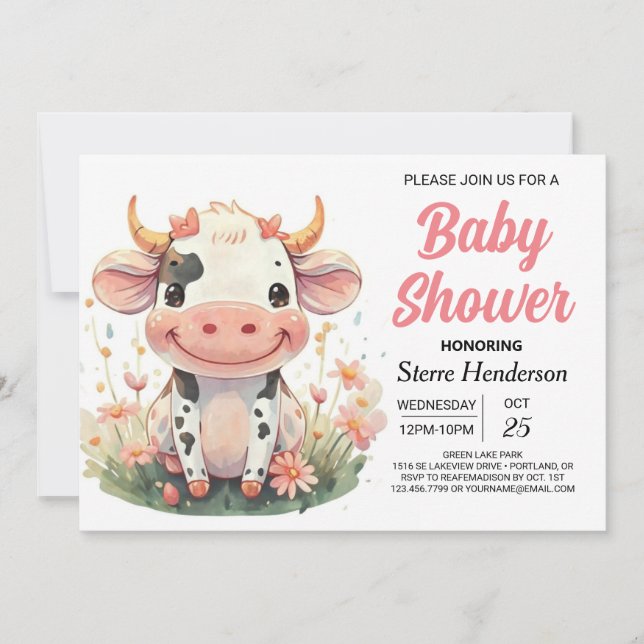 Invitación Girly Pastel Cute Cow Baby Shower (Anverso)