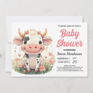 Invitación Girly Pastel Cute Cow Baby Shower