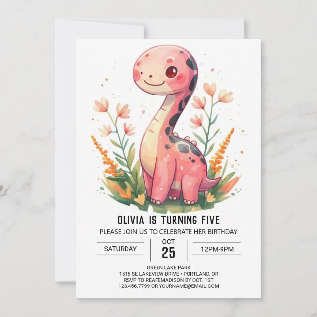 Invitación Girly Pastel Digital Dinosaur Chica Cumpleaños (Anverso)