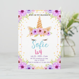 Invitación Girly Pastel Unicornio cumpleaños mágico