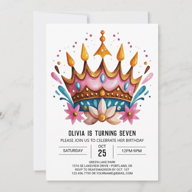 Invitación Girly Personalizado Princess Crown Birday (Anverso)