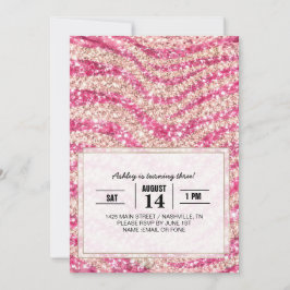Invitación Girly Pink Blush Glitter Zebra Pattern            