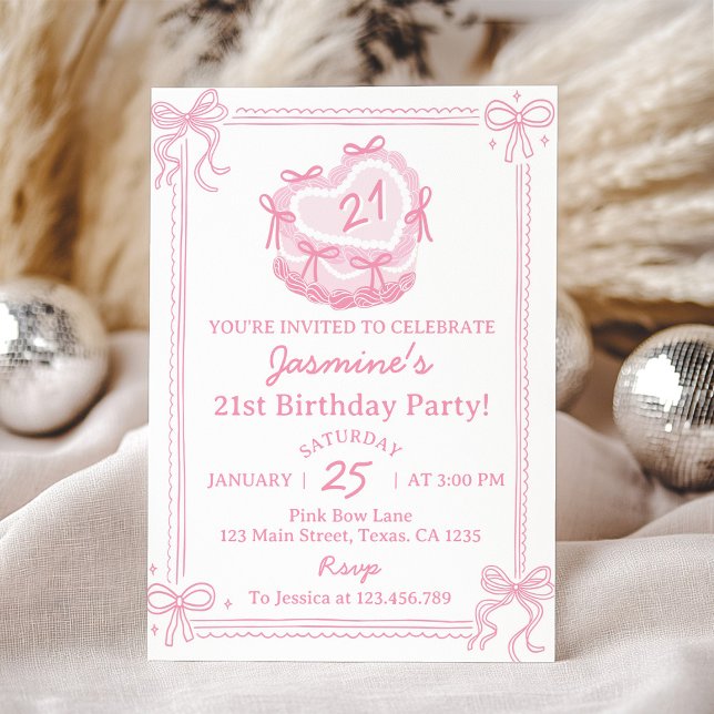 Invitación Girly Pink Bow Cake Cumpleaños (Subido por el creador)