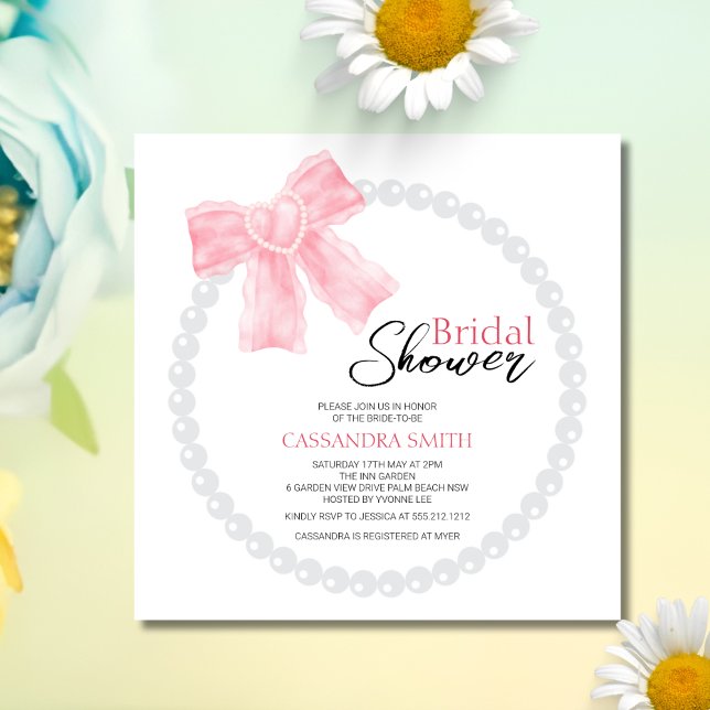 Invitación Girly Pink Bow White Circle Pearl Bridal Shower (Subido por el creador)