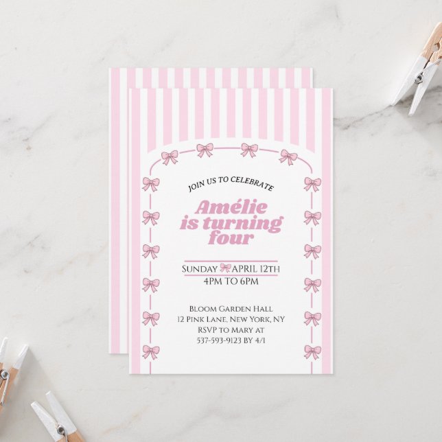 Invitación Girly Pink Coquette Bow Fourth Birthday Party (Anverso/Reverso In Situ)