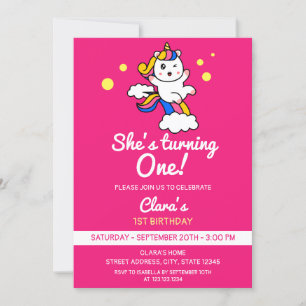Invitación Girly Pink Cute Rainbow Unicornio primer cumpleaño