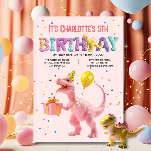 Invitación Girly Pink Dinosaur Birday Party