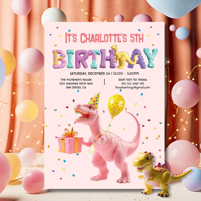Invitación Girly Pink Dinosaur Birday Party (Subido por el creador)