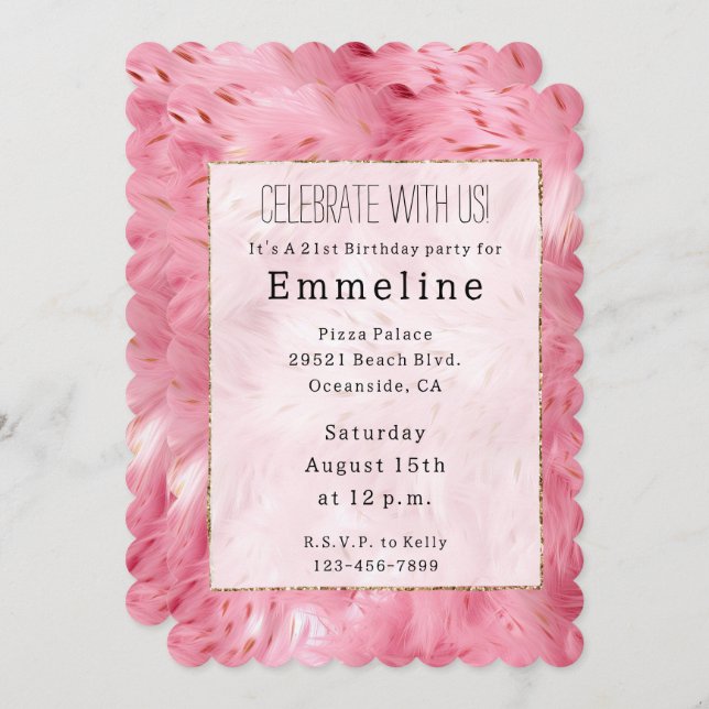Invitación Girly Pink Faux Fur (Anverso / Reverso)