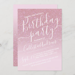 Invitación Girly Pink Faux Sparkly Purpurina Ombre Cumpleaños