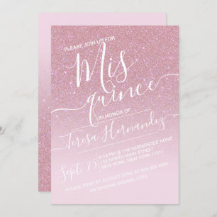 Invitación Girly Pink Faux Sparkly Purpurina Ombre Quinceañer