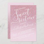 Invitación Girly Pink Faux Sparkly Purpurina Ombre Sweet 16<br><div class="desc">Esta elegante, femenina y dulce moda, invitación a la fiesta de dieciséis años, es perfecta para el joven chica moderno y elegante. Representa un falso rosa impreso de color rosa brillante purpurina y un gradiente rosa oscuro con una configuración de tipografía de escritura cursiva personalizado. Es un toque glamuroso, femenino,...</div>