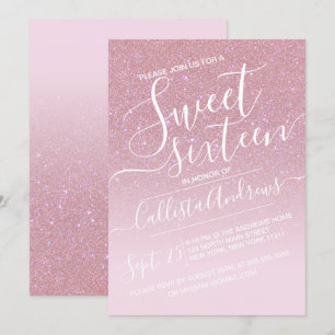 Invitación Girly Pink Faux Sparkly Purpurina Ombre Sweet 16
