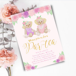 Invitación Girly Pink Floral Teddy Bear Tea Fiesta Baby Showe