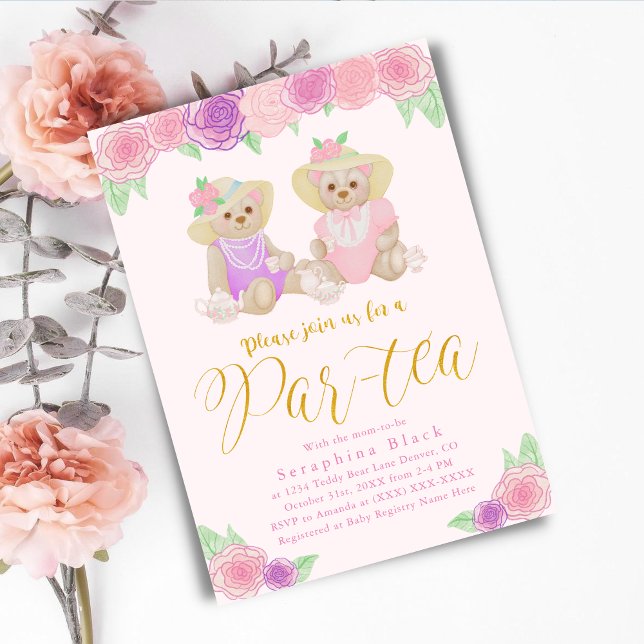 Invitación Girly Pink Floral Teddy Bear Tea Fiesta Baby Showe (Subido por el creador)