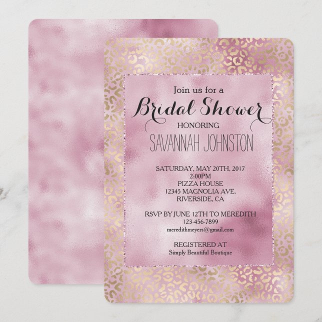 Invitación Girly Pink Glam Gold Leopard Imprimir ducha de nov (Anverso / Reverso)