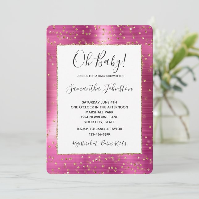 Invitación Girly Pink Glam Gold Sparkle Confetti Baby Shower (Anverso de pie)