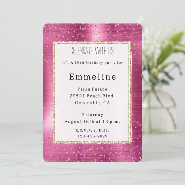 Invitación Girly Pink Glam Gold Sparkle Confetti Cumpleaños (Anverso de pie)