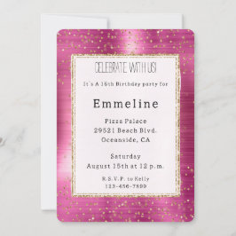 Invitación Girly Pink Glam Gold Sparkle Confetti Cumpleaños