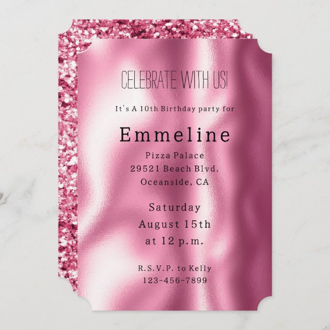 Invitación Girly Pink Glam Purpurina (Anverso / Reverso)