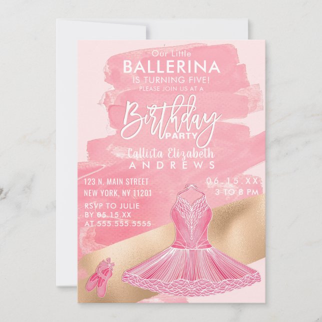 Invitación Girly Pink Gold Ballerina Brushstrokes Cumpleaños (Anverso)