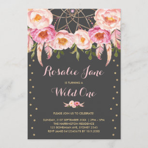 Invitación Girly Pink Gold Dreamcatcher Wild One First Birthd