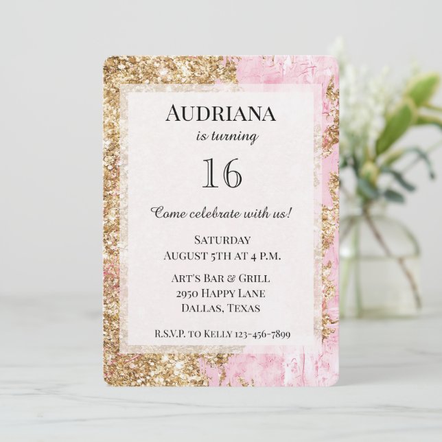 Invitación Girly Pink Gold Purpurina Cumpleaños (Anverso de pie)