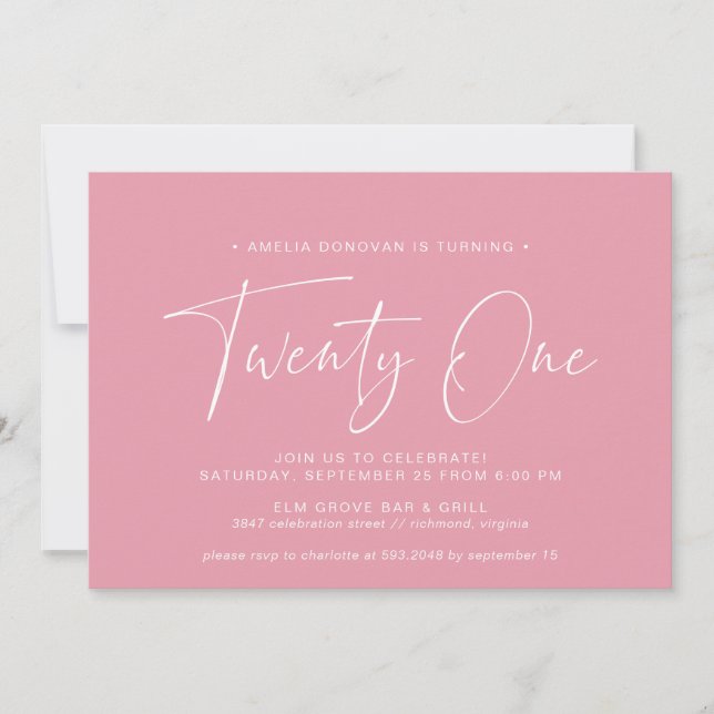 Invitación Girly Pink | Guión moderno lindo 21º cumpleaños (Anverso)