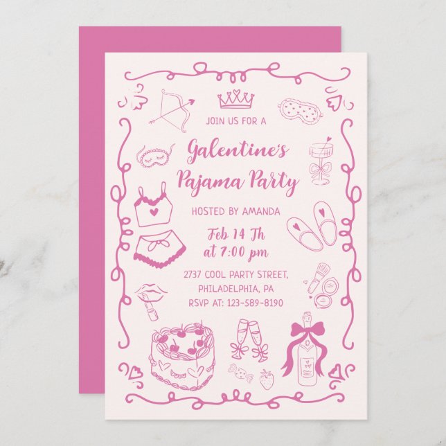 Invitación Girly Pink Hand Drawn Galentine's Pajama Party (Anverso / Reverso)