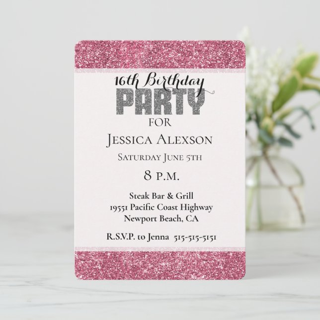 Invitación Girly Pink Purpurina Sparkle Cumpleaños (Anverso de pie)