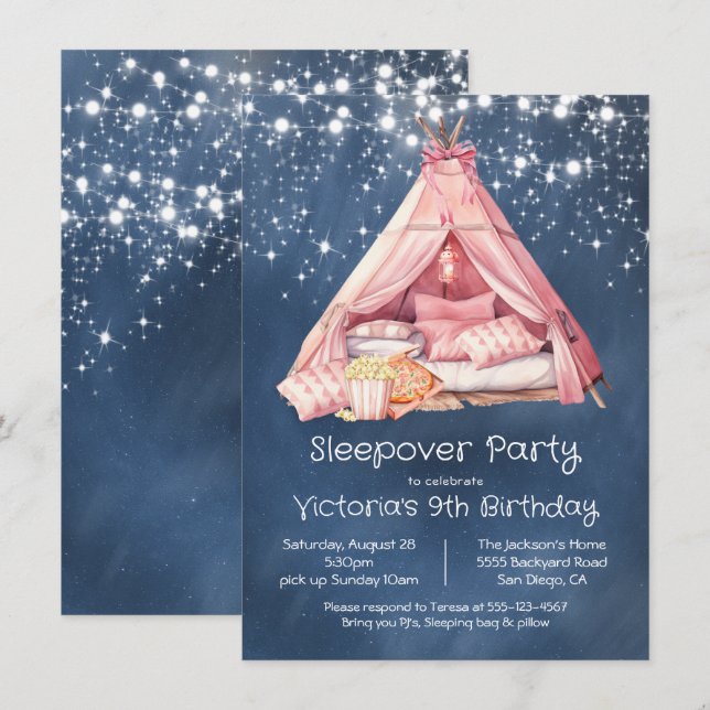 Invitación Girly Pink Sleepover Glamour Tent Cumpleaños (Anverso / Reverso)