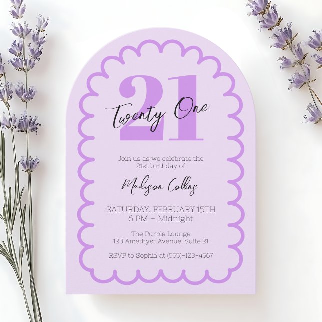 Invitación Girly Purple 21st Simple Wavy Birthday Party Arch (Girly Purple 21st Simple Wavy Birthday Party Arch Invitation)