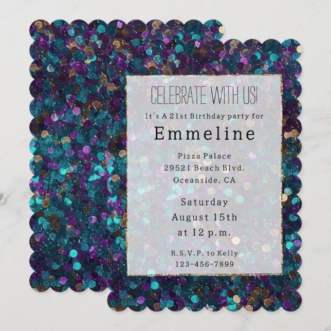Invitación Girly Purple Aqua Gold Mermaid Sparkle (Anverso / Reverso)