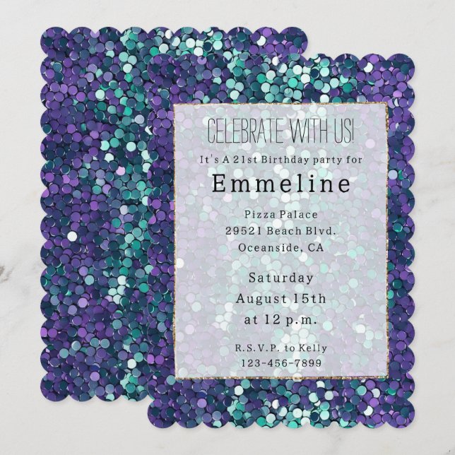 Invitación Girly Purple Aqua Mermaid Sparkle (Anverso / Reverso)