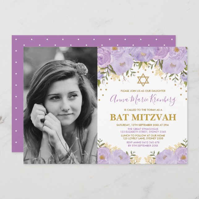 Invitación Girly Purple Lavender Gold Floral Bat Mitzvah (Anverso / Reverso)