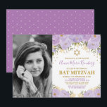 Invitación Girly Purple Lavender Gold Floral Bat Mitzvah<br><div class="desc">¡Celebren el Bat Mitzvah de su hija con esta maravillosa lavanda y una invitación dorada floral! La redacción es totalmente personalizable. Si desea cambiar el estilo del tipo de letra,  los colores o reorganizar los gráficos,  simplemente haga clic en el botón "Haga clic para ver más Personalizares".</div>
