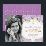Invitación Girly Purple Lavender Gold Floral Bat Mitzvah<br><div class="desc">¡Celebren el Bat Mitzvah de su hija con esta maravillosa lavanda y una invitación dorada floral! La redacción es totalmente personalizable. Si desea cambiar el estilo del tipo de letra,  los colores o reorganizar los gráficos,  simplemente haga clic en el botón "Haga clic para ver más Personalizares".</div>