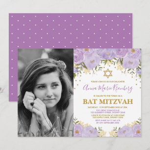 Invitación Girly Purple Lavender Gold Floral Bat Mitzvah