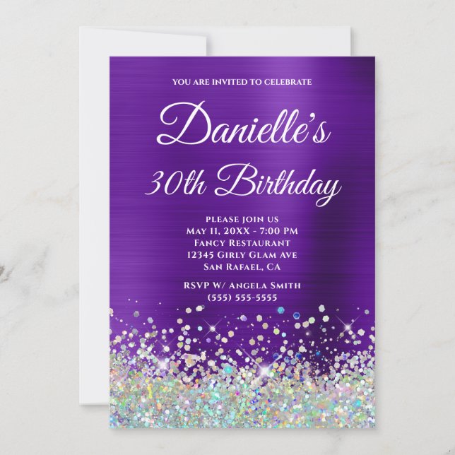 Invitación Girly Purple Ombre Holo Purpurina 30 cumpleaños (Anverso)