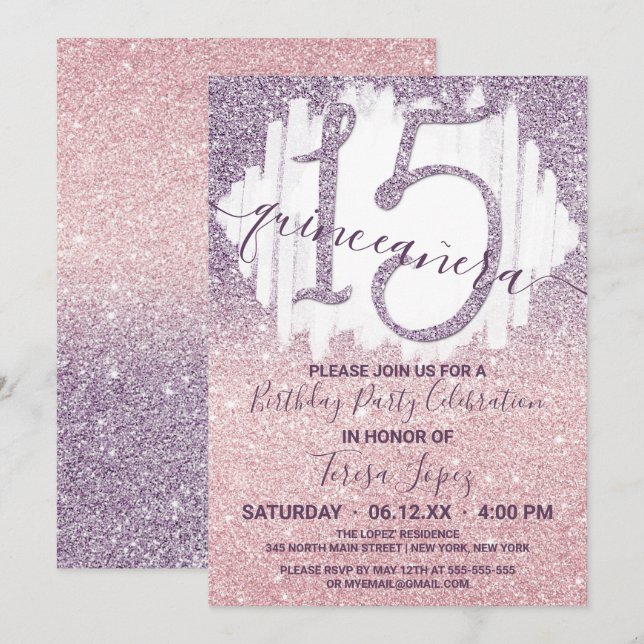 Invitación Girly Purple Pink Faux Purpurina Ombre Quinceañera (Anverso / Reverso)