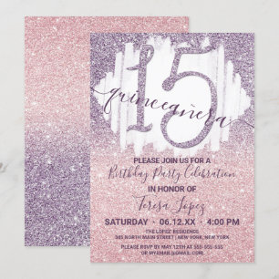 Invitación Girly Purple Pink Faux Purpurina Ombre Quinceañera