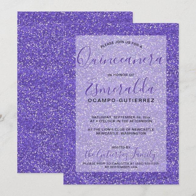 Invitación Girly Purple Purpurina Quinceanera Cumpleaños (Anverso / Reverso)