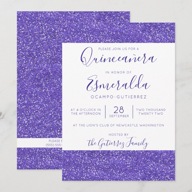 Invitación Girly Purple Purpurina Sparkle Quinceanera (Anverso / Reverso)