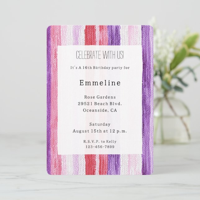 Invitación Girly Purple Rubor Pink Red Stripes Birday (Anverso de pie)