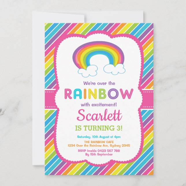 Invitación Girly Rainbow Birday Party colorido arcoiris (Anverso)